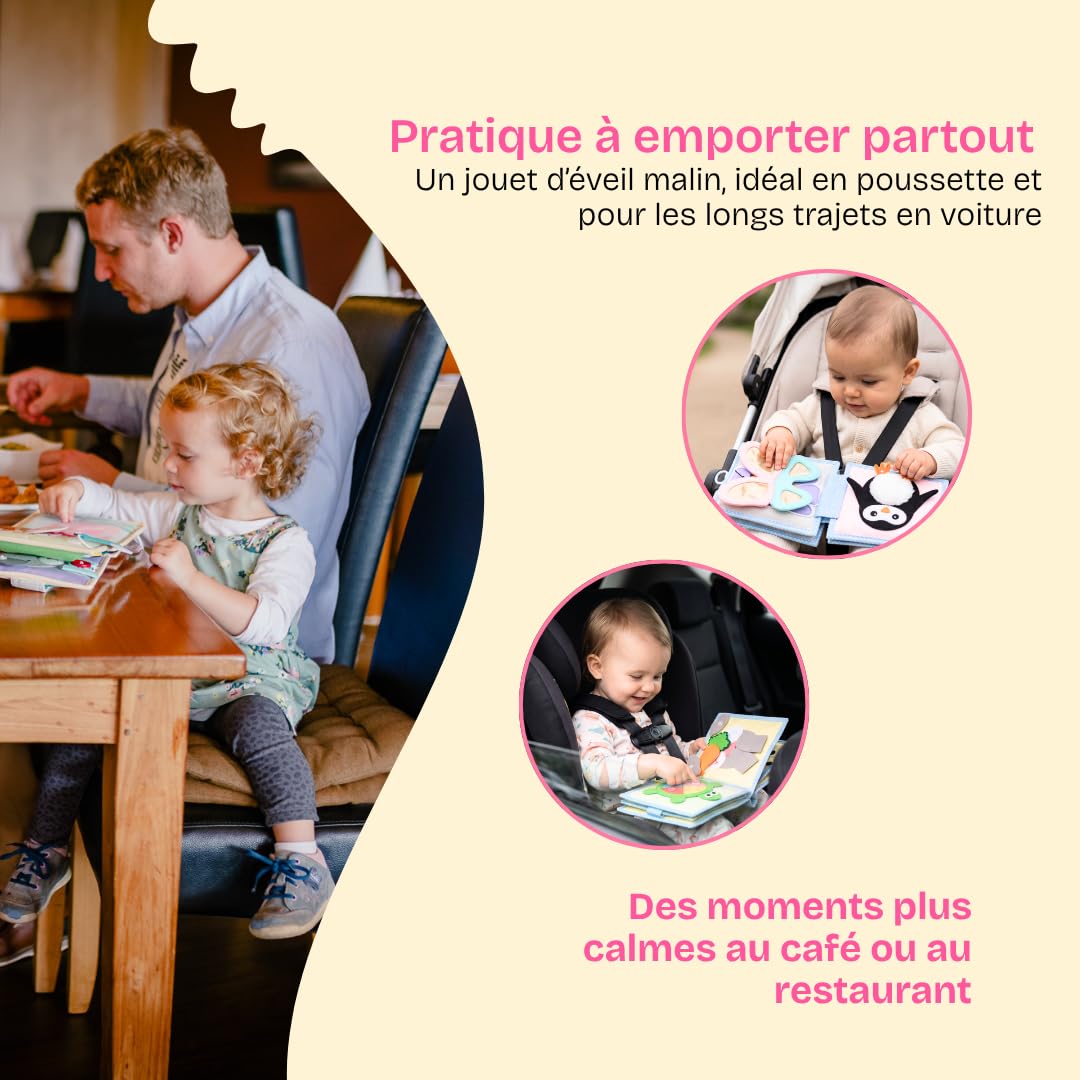 Jolly Design Mini Quiet Book Petite Abeille – Jouet Montessori dès 6 Mois – Livre sensoriel & Livre Tissu pour bébé – Busy Book Fait Main avec 6 Pages d’activités – Jouet éducatif & de Voyage