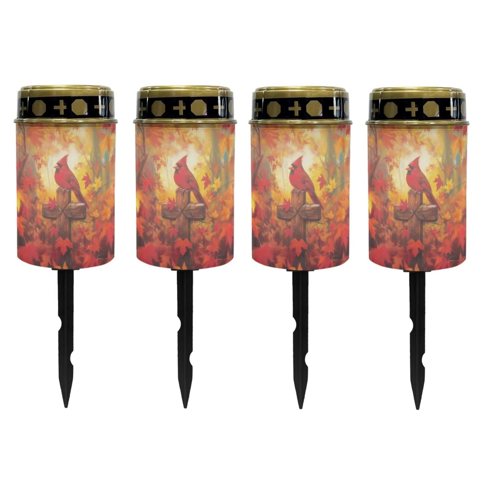 Poceacles Cardinal Cross Maple Leaf Solar Outdoor Lights Solar Grave Candle Solar Cemetery Candles LED Automatic Flameless Candles Cemetery Outdoor Solar Lights for Loss of Dad, Set of 4