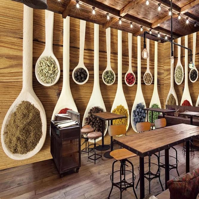 Murale rétro cuillère assaisonnement 3D pour déco cuisine hôtel et restaurant 300x210cm