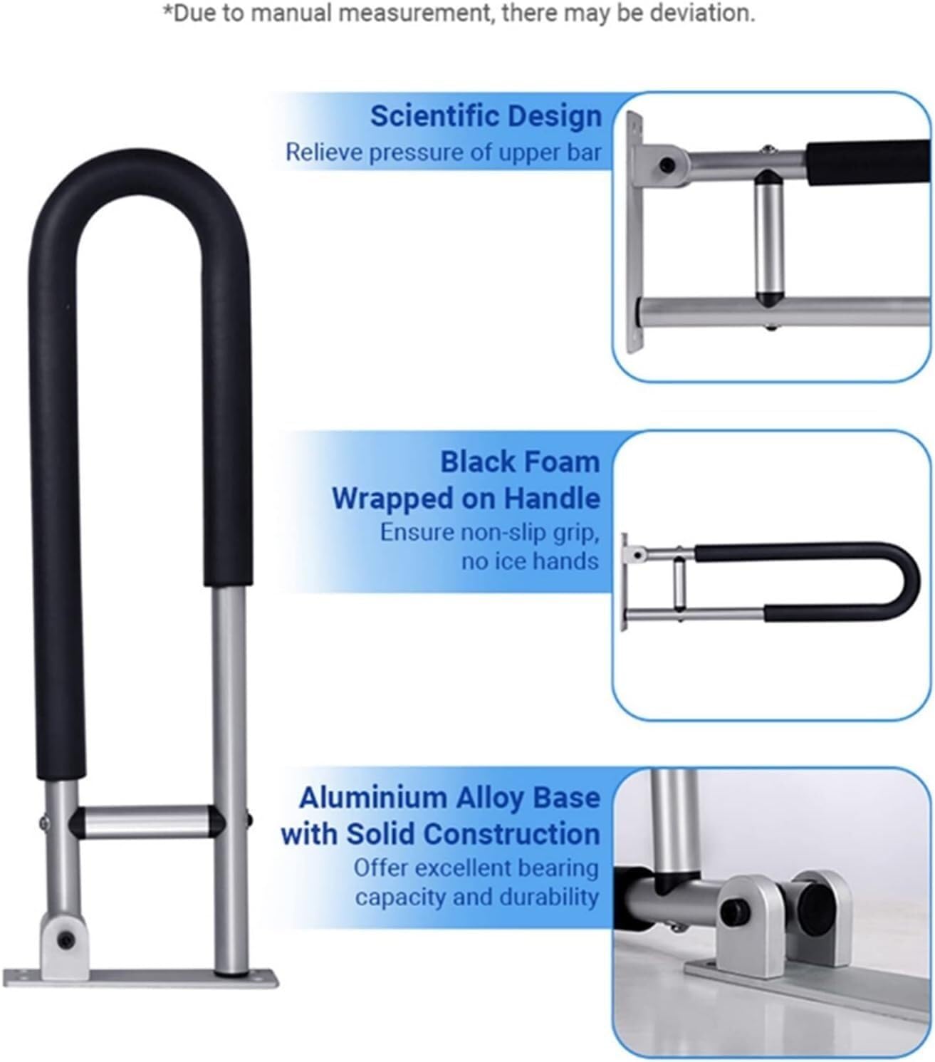 Barra de Seguridad abatible para baño para Personas Mayores y discapacitadas, Antideslizante, con asa de Apoyo, Color Negro, para Personas Mayores lesionadas.
