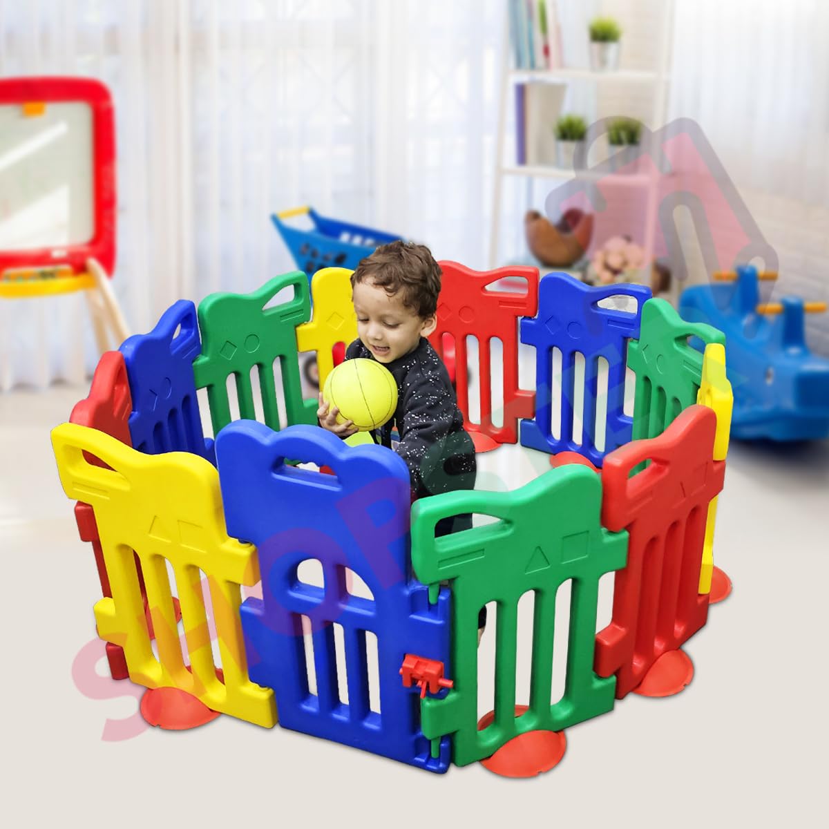 Shopster Baby Playpen Kids Activity Centre Safe & Spacious Play Yard Home Indoor Outdoor, Happy Game Enclosure Ball Pool Area for Toddlers with Lockable Gate (Multicolour, 12 Panel Set) - Image 2 thumbnail