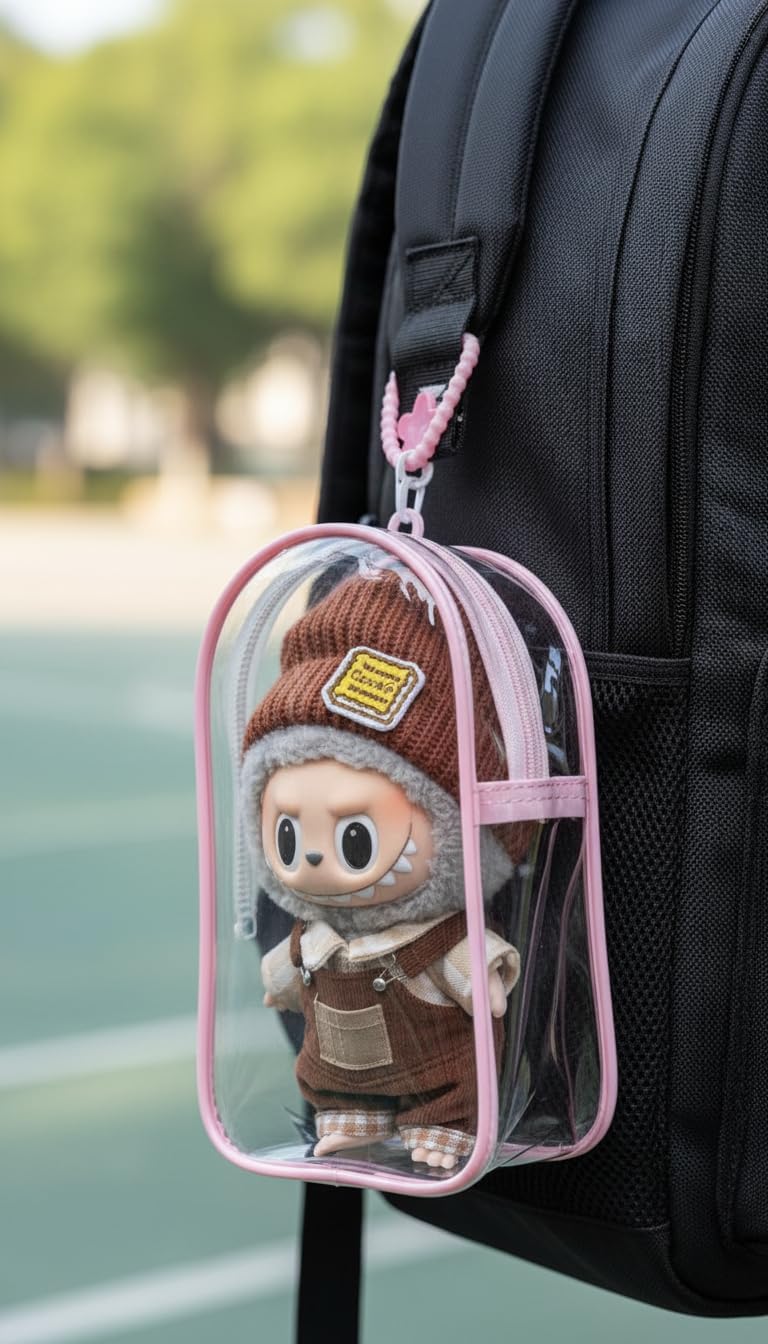 Clear PVC Figure Display Bag with Keychain – Transparent Protective Doll Case, Portable Blind Box Storage Pouch for Mini Figurines and Plush Toys (Black)