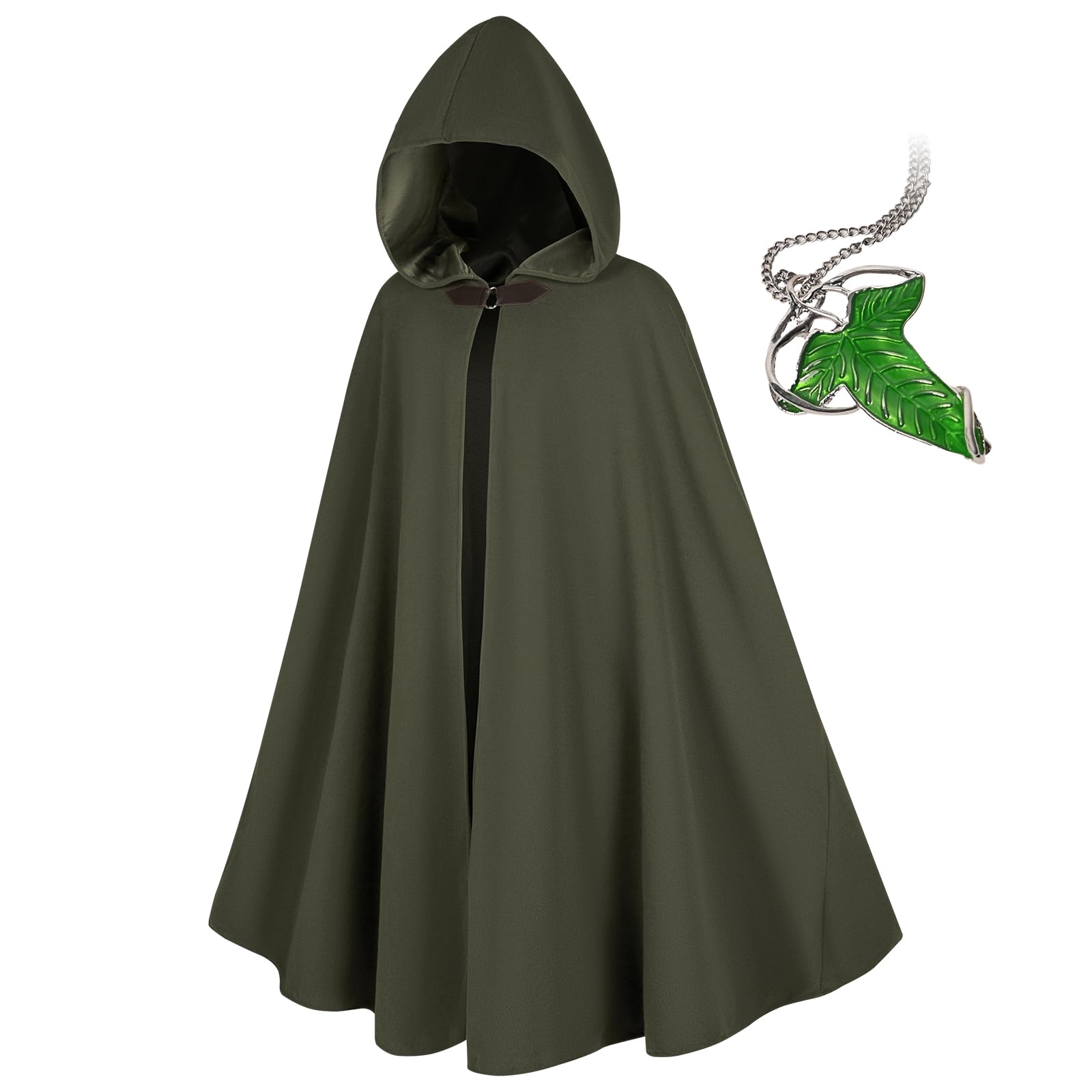Renaissance peleryna z kapturem z zielonymi liśćmi, broszka, średniowieczna odzież, unisex, Halloween, średniowieczny płaszcz z kapturem