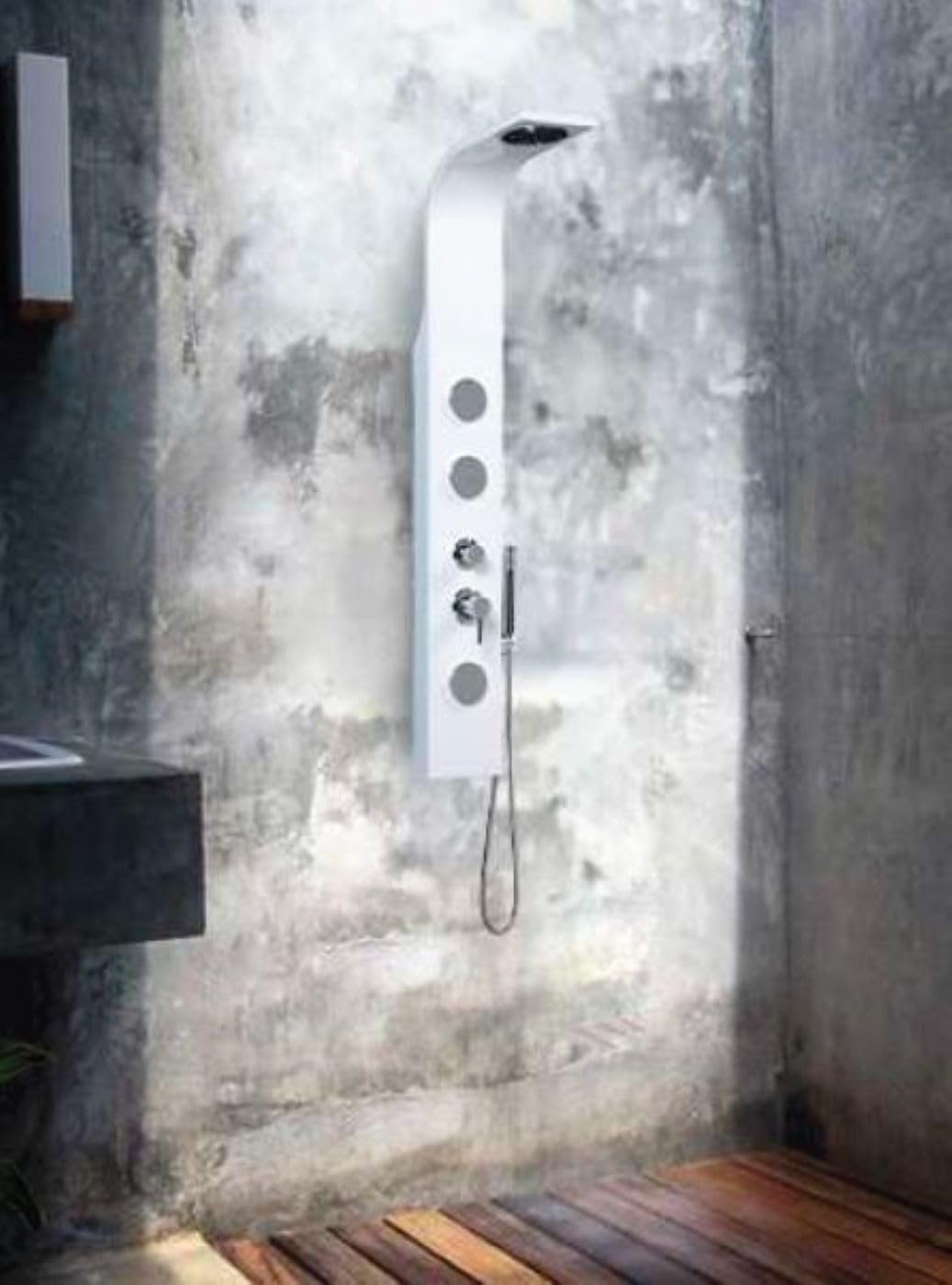 Sistema de ducha SNOW con columna de hidromasaje. Disfruta de una experiencia de spa en casa con 2 jets de masaje, ducha de mano cromada. Acabado en blanco, ideal para cualquier baño contemporáneo