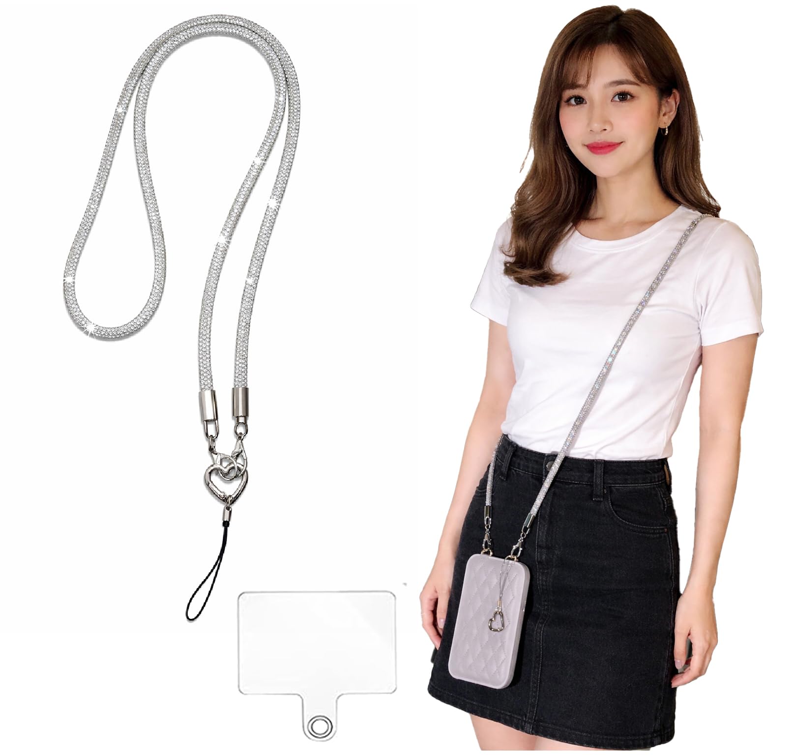 Sumiko Silver Crossbody Phone Lanyard Chain – Sparkling Water Diamond Strap, Universal Detachable Phone Necklace for Women & Girls, Hands-Free Adjustable Shoulder Strap for Smartphones & Bags