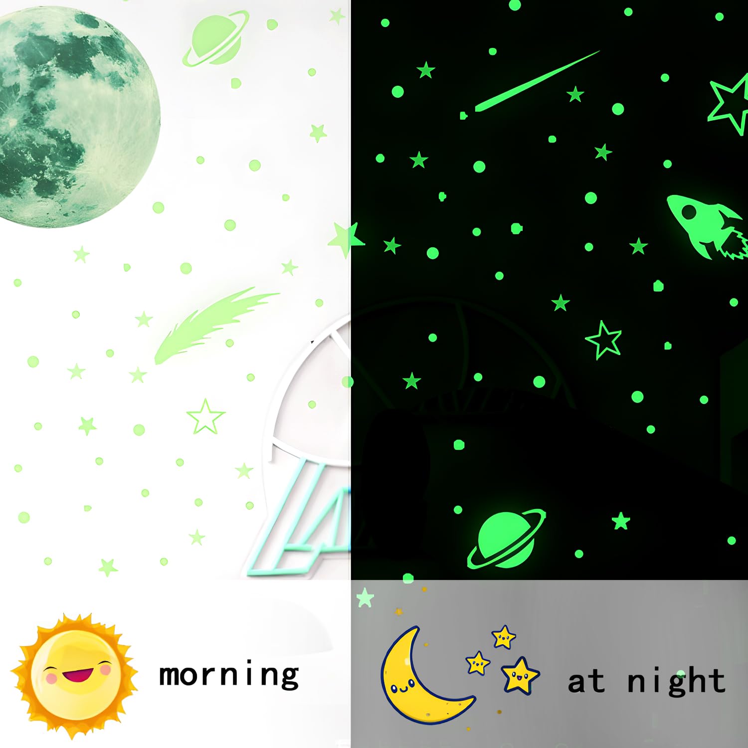 Glow in the Dark Raketten en Planeten, Lichtgevende Plafond Sterren, Ruimte Muur Stickers (Groen