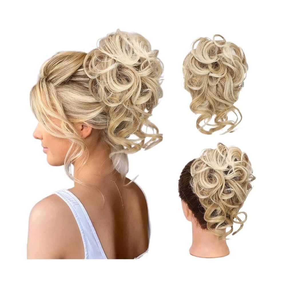 QRSTUVXZY Messy Bun Hair Piece, Scrunchies for Women Tousled Updo Bun Synthetic Wavy Curly Chignon Ponytail Hairpiece Hair Accessories(27-613)