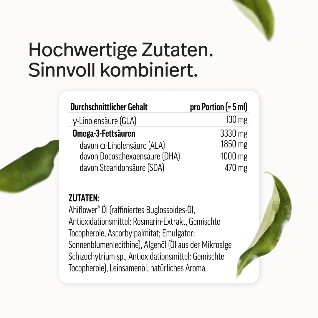 edubily Oméga 3 végétalien à base d'huile d'Ahiflower, d'huile d'algues et d'huile de lin - Source végétalienne DHA et ALA - 3,33 g d'oméga-3 par dose quotidienne - Arôme citron (150 ml)