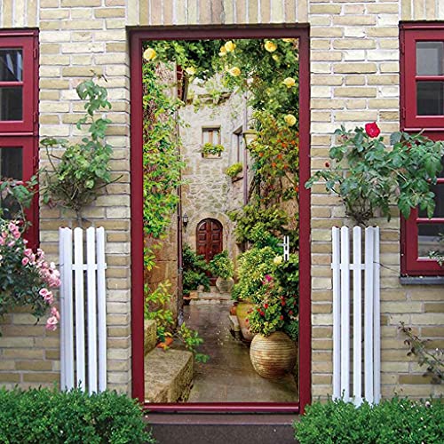CBWRAW 3D Pegatinas Para Puertas Papel Tapiz Murales Callejón De Flores De Arquitectura Europea Sala De Estar Dormitorio Impermeable Creativo Foto Moderno Arte Wallpaper Decorativas Diy Póster Calcoma
