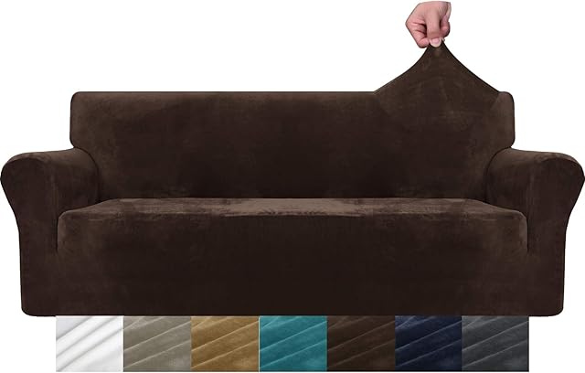 MAXIJIN Thick Velvet Sofa Covers 3 Seater Super Stretch Non Slip Couch Cover for Dogs Cat Pet Friendly 1-Piece Elastic Furniture Protector Plush Sofa Slipcovers (3 Seater, Dark Coffee)