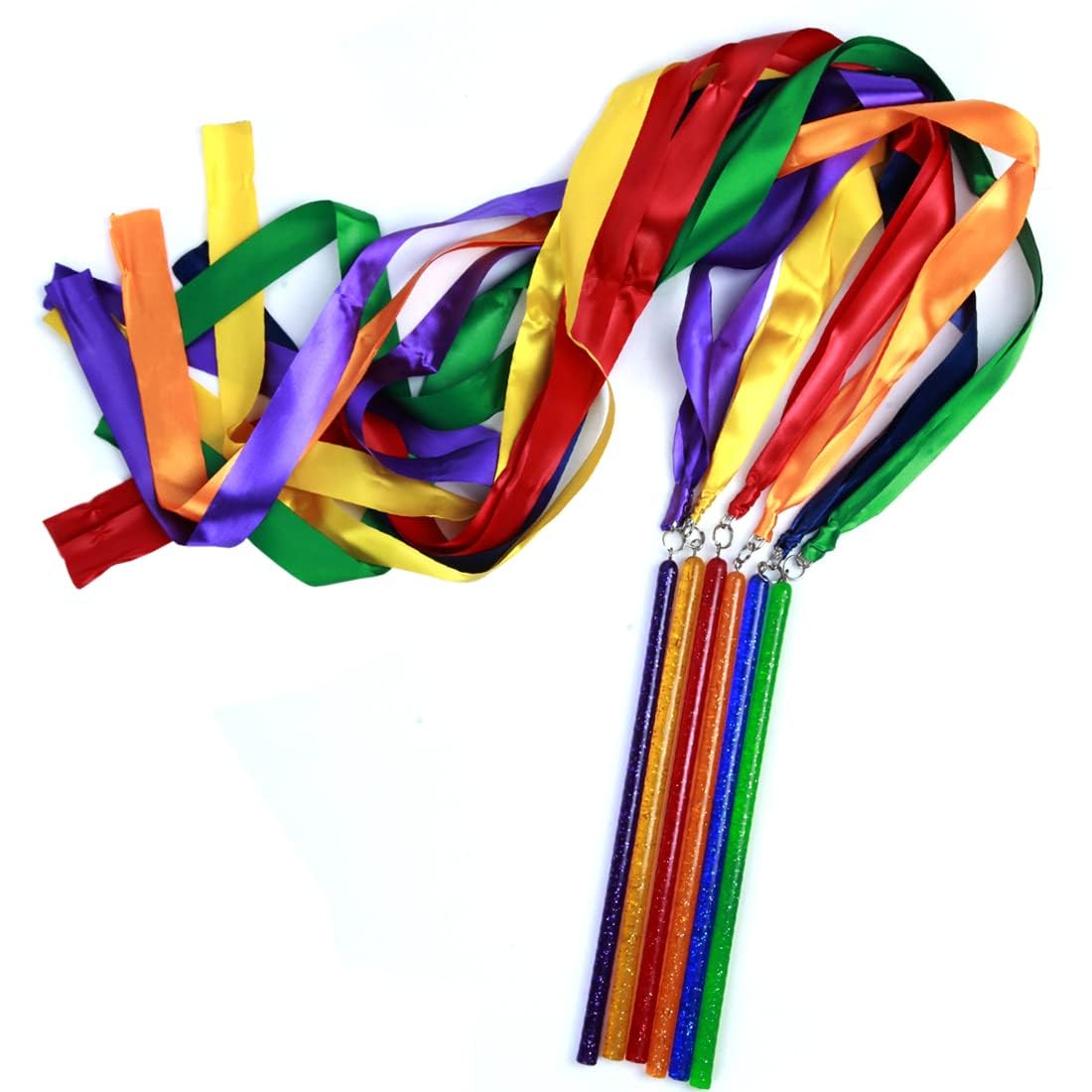 GSi Multicolor Ribbon Wands & Rings for Kids - Pack of 6 Dance Streamers with 9" Stick, 1m Ribbons, Gymnastics & Party Use