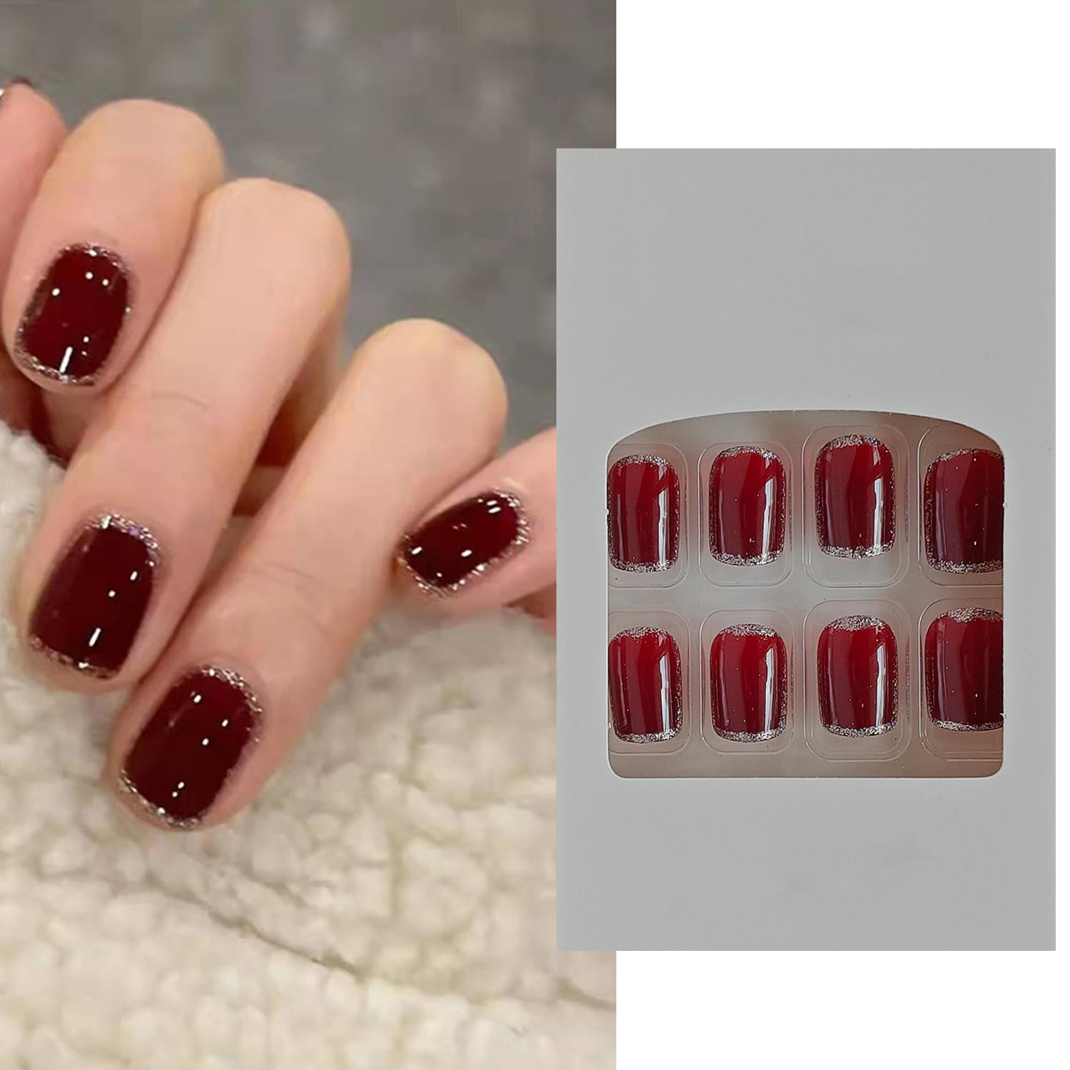 S.A.V.I Dark Wine Red Press On Nails for Women | Short Square Natural Shape | Glossy Finish with Glitter Edge | Reusable Fake Nails | 24 Pcs with Free Glue & Adhesive Tabs-image-0