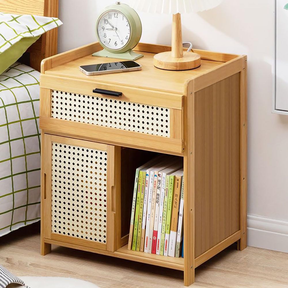 MUMOO BEAR Simple Bedside Table Modern Bamboo Wood Nightstand Bed Side Cabinet Mini Locker Storage Cabinet with Drawer and Slid Door for Bedroom Living Room Sofa (Wood color)