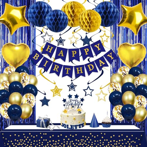 Image of Navy Blue Gold Birthday Party Decorations Supplies Happy Birthday Banner Honeycomb Balls Fringe Curtain Foil Balloons Hanging Swirls Cake Topper Tablecloth Party Supplies for Men Boys