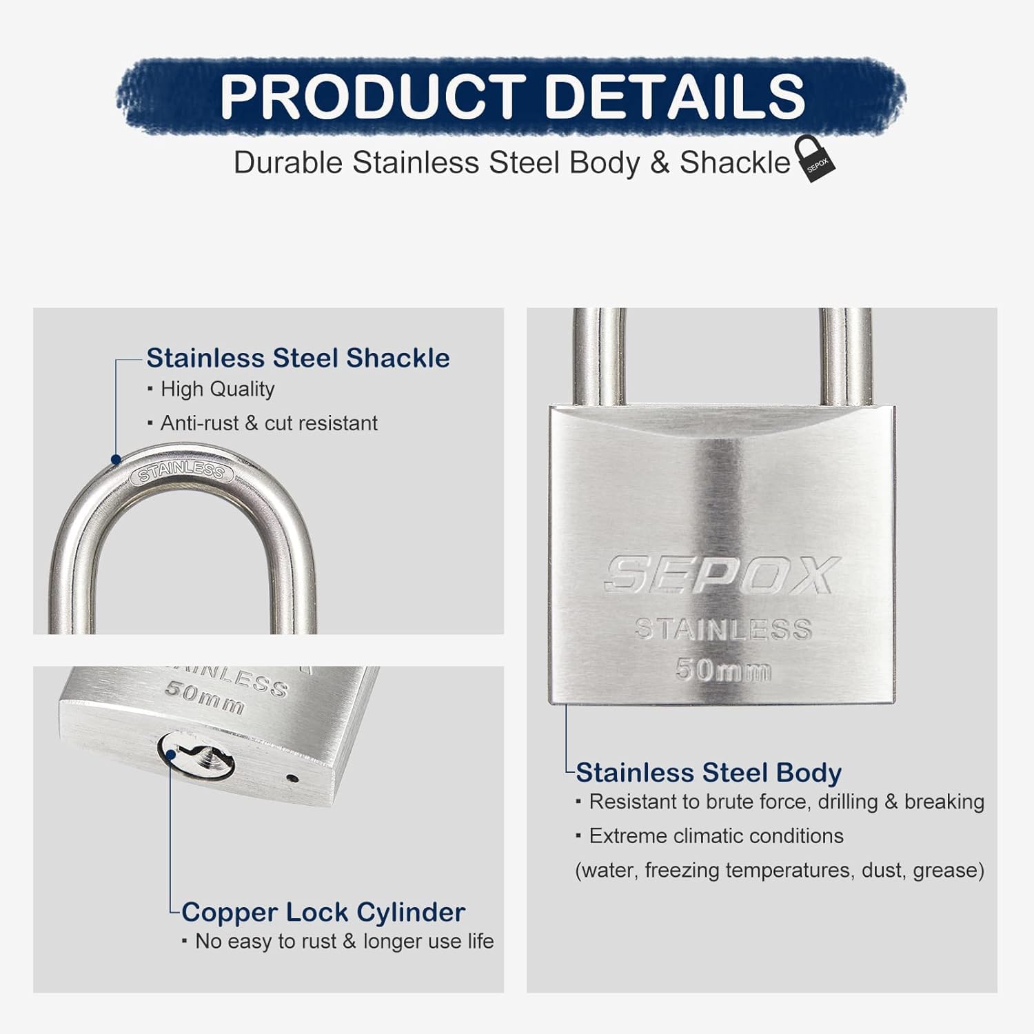 SEPOX Outdoor Padlock with Key Stainless Steel Lock Body and Shackle Waterproof Keyed Pad Lock Heavy Duty Padlock and Key Weatherproof for Gate Chain Shed Boat Marine (50mm*2pcs SS304) - Image 3