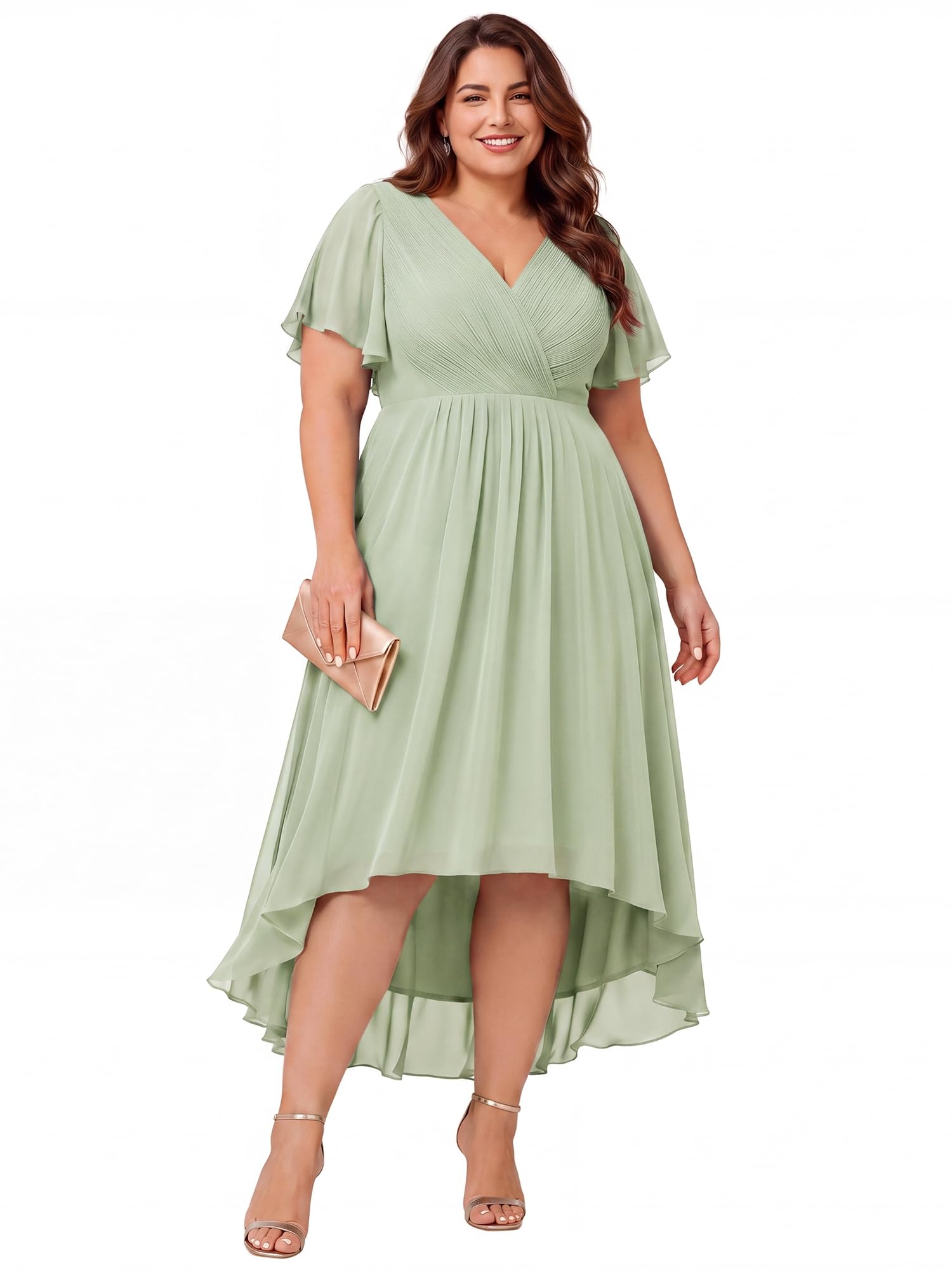 Ever-Pretty Donna Una Linea Increspato Scollo A V Maniche Corte Al Ginocchio Plus Size Wedding Guest Dress 01923-DA, Verde menta, 56