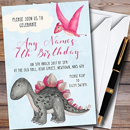Girls Pink Watercolour Dinosaur Personalized Childrens Birthday Party Invitations