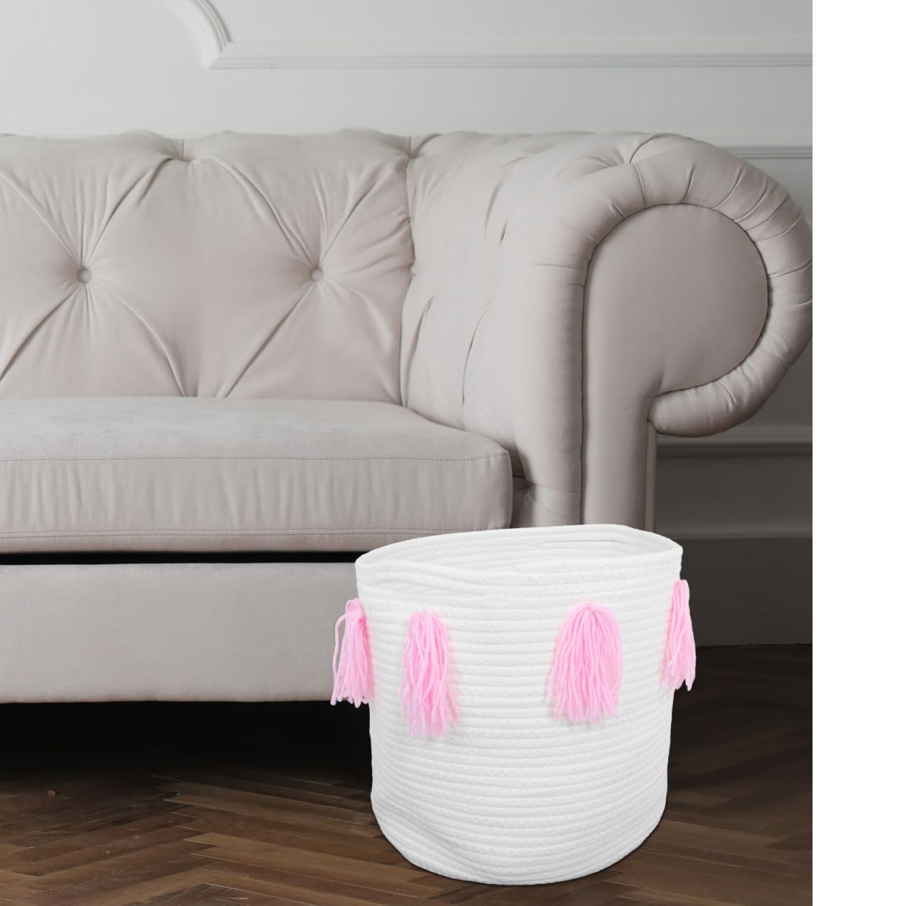 Cestino Portaoggetti Artigianale in Corda di Cotone Rosa | Nappine Decorative, per Casa e Hotel, Adatto a Rossetti e Accessori Bebé