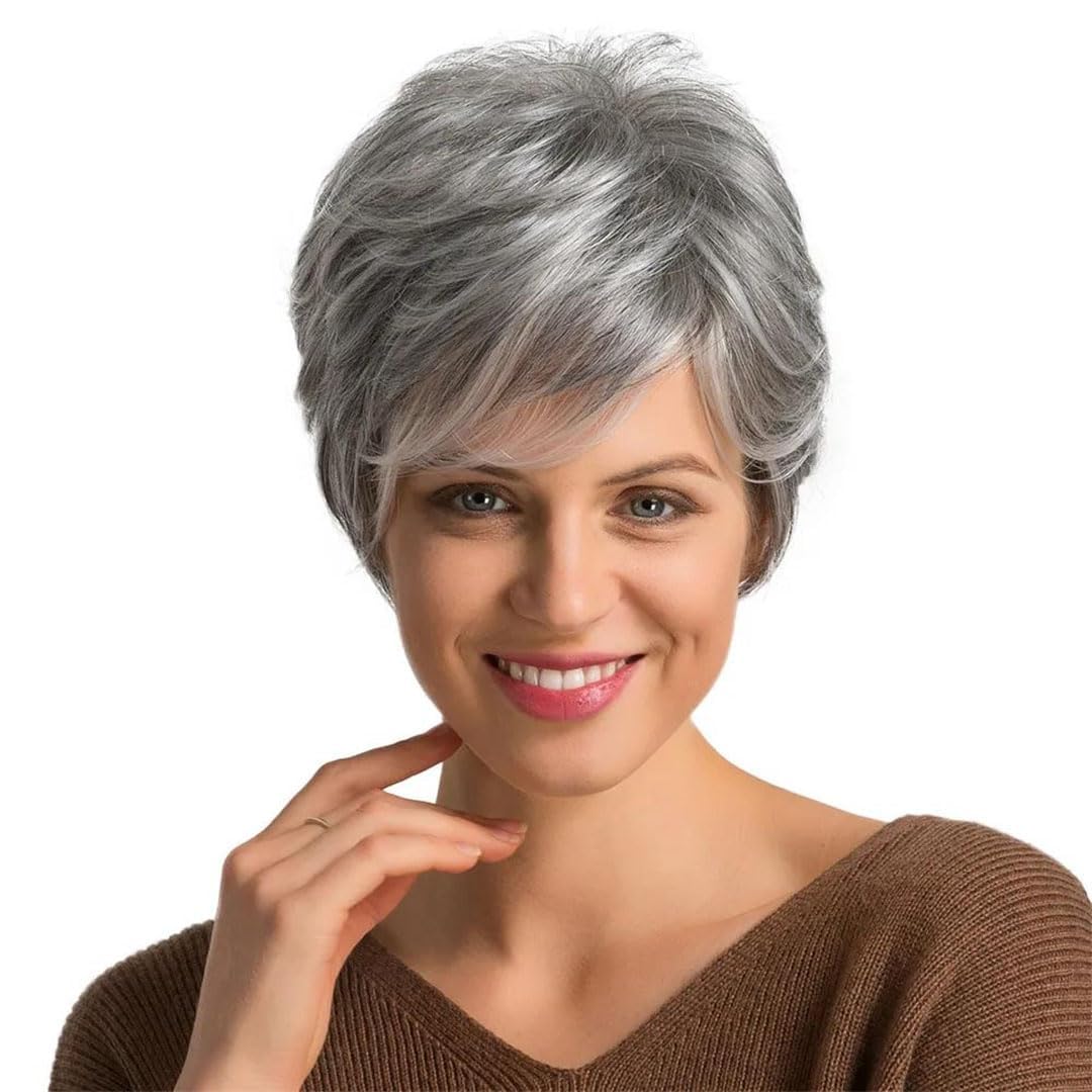 Photo 1 of Nuxovin Lightweight Breathable Dark Brown Human Hair Wig Pixie Cut With Bang Natural Effect for Women Daily Styling (Silver Gray,6inch)