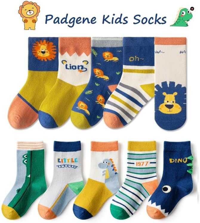 Padgene 10 Pairs Kids Boys Fun Novelty Socks Toddler None Slip Cotton Crew Dress Socks Cartoon Dinosaur Car Shark Stripes - Image 3