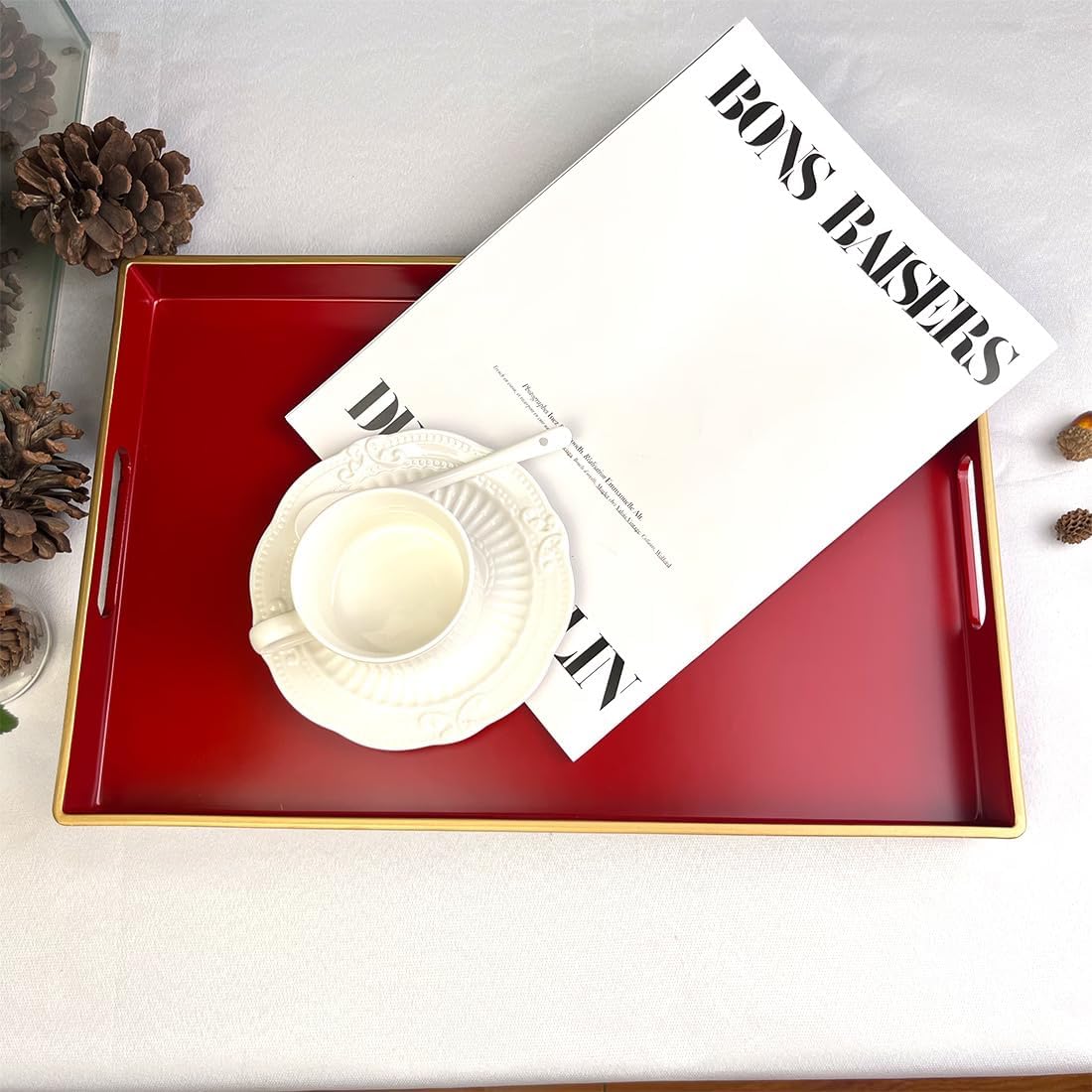 Red Decorative Tray, Rectangular Serving Tray with Handles, Plastic Coffee Table Tray for Ottoman, Living Room, Kitchen Tabletop, 15.6” x 10.2” x1.37” - Image 5