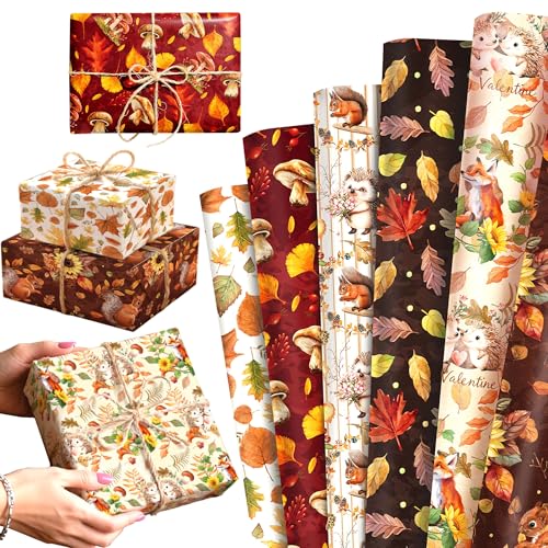 LaVenty Fall Wrapping Paper Autumn Sunflower Maple Leaves Animal Wrap Paper Bulk Woodland Fox Hedgehog Art Craft Paper for Thanksgiving Birthday Gift Packing