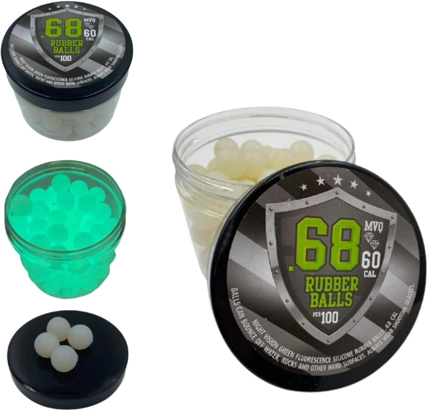 Glowing Rubber Balls in 68 Cal. 100 pcs Premium Quality Paintballs Resuable for Training & Home Defense Pistols in .68 Caliber