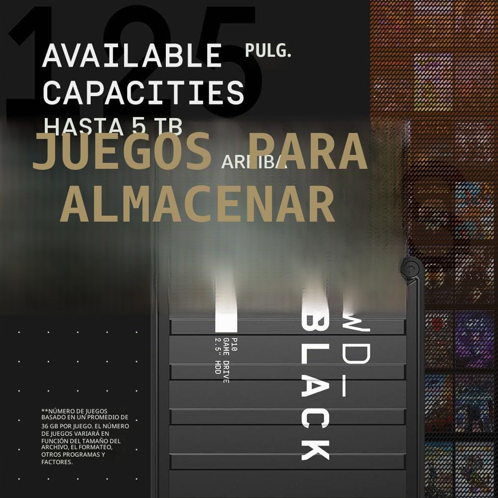 WD_BLACK P10 2TB Game Drive HDD portátil, USB 3.2 Gen 1, hasta 130 MB/s, Type-A compatible con Playstation, Xbox, PC y Mac
