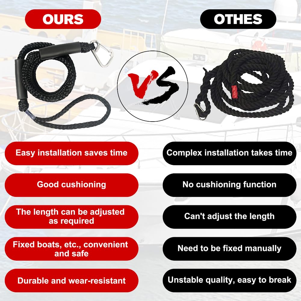 Bungee Dock Line Ormeggio Corda, Corda d'ormeggio, Cima Ormeggio, Linea di Ormeggio con Gancio per Barche, Kayak, Moto d'acqua, Pontoni, Canoe (Nero)