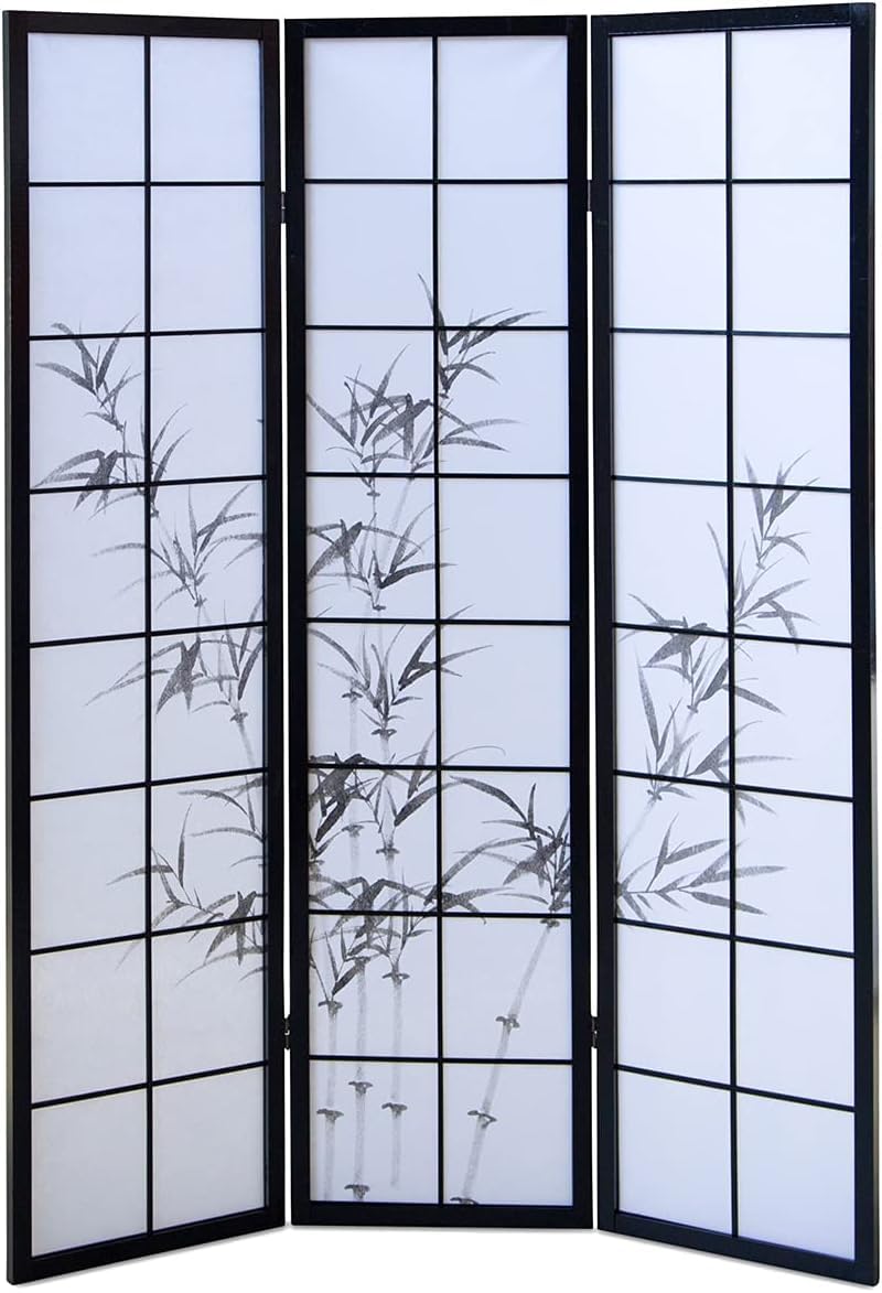 PEGANE Paravent Japonais en Bois Noir avec Dessin Bambou de 3 pans