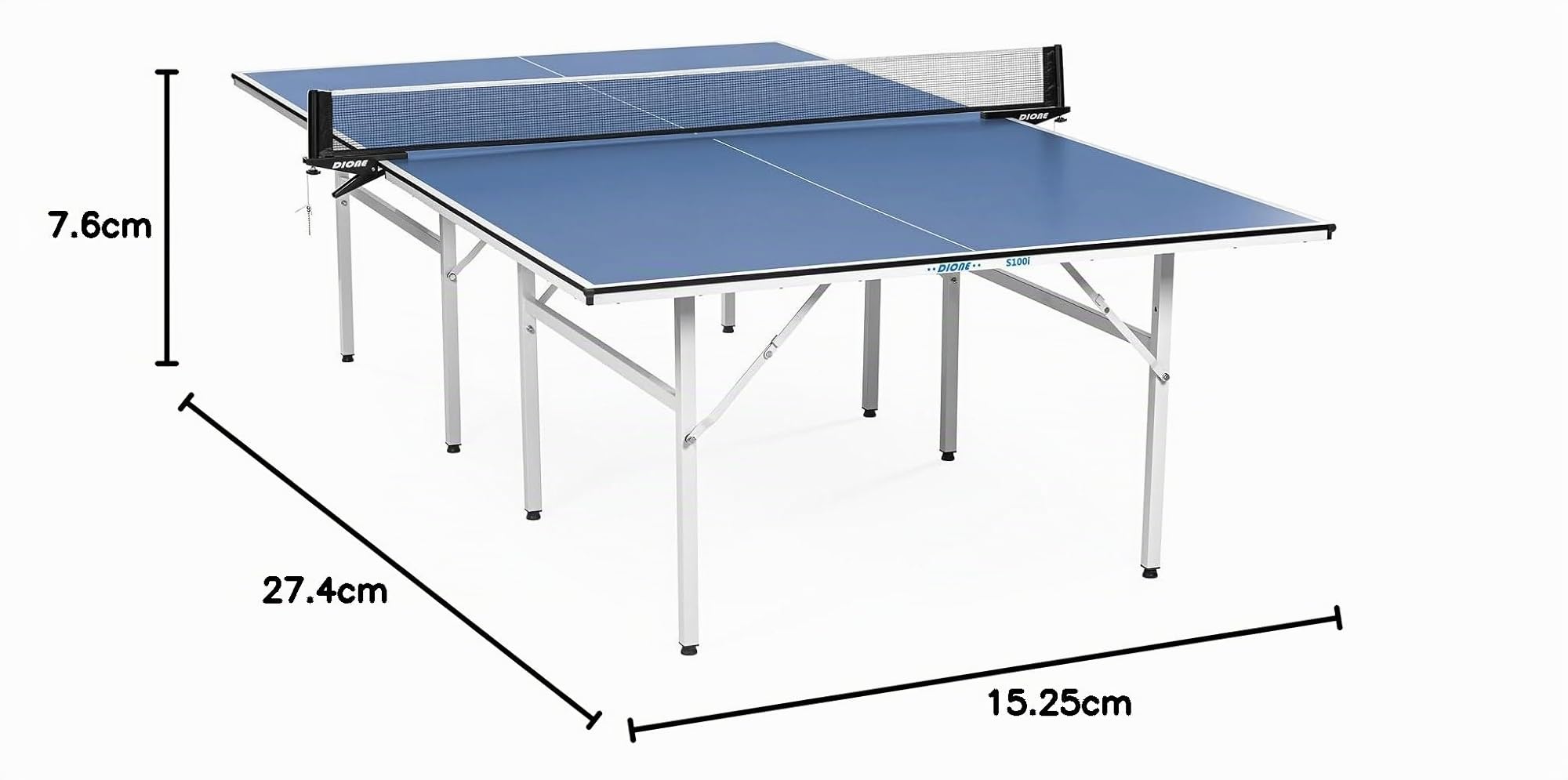 Dione Table de ping-pong S100i Indoor - 274 x 152 cm - Plateau TT bleu - Table de ping-pong - Prémontée - 60 kg