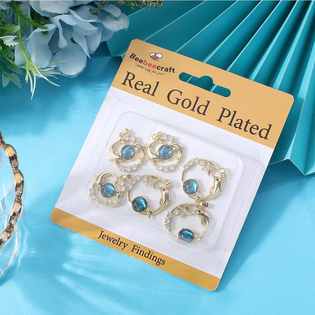 Beebeecraft 1 Box 6Pcs Dolphin Charms Real 18K Gold Plated Brass Cubic Zirconia Ocean Animal Fish Charm with Starry Sky Glass Pendants for Jewelry Making Earrings Necklaces Bracelets Keychains Crafts