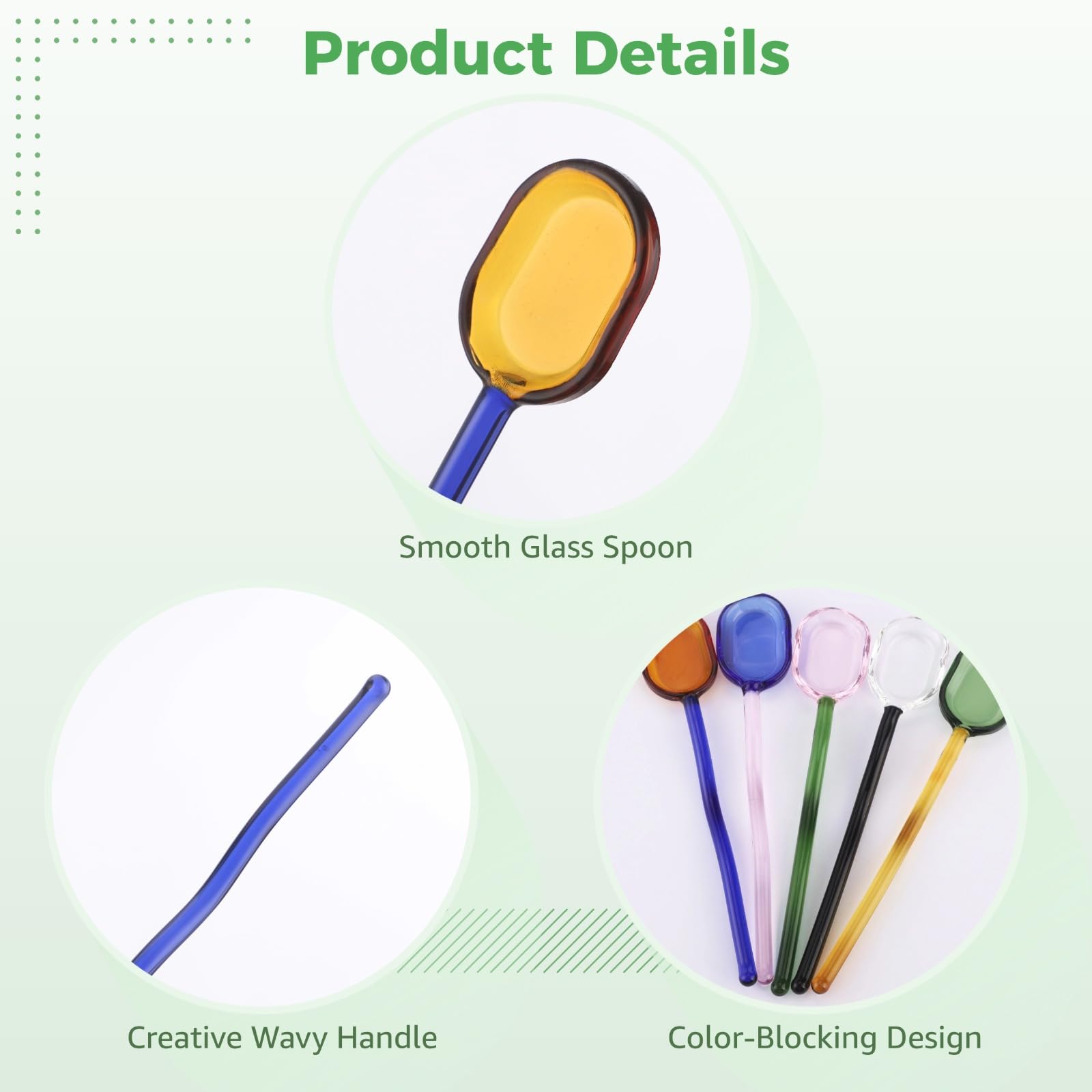 Lot de 5 cuillères en verre, 6,2 pouces pour café et thé, cuillère à mélanger, cuillères à dessert en verre coloré avec manche ondulé pour thé, café, sucre, lait, yaourt, cuisine, bar