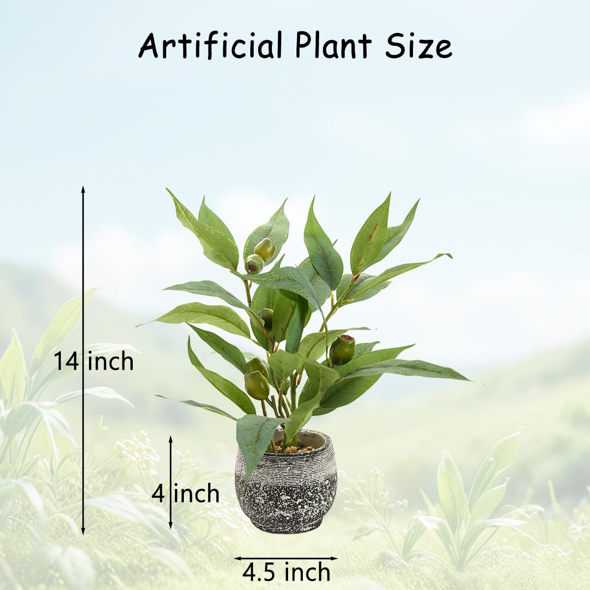 AlphaAcc 14 Inch Artificial Eucalyptus Stems Potted Fake Plants with Green Leaves and Fruits Faux Greenery Indoor Plant in Black and White Ceramic Planter for Home Office Desk and Table Decor
