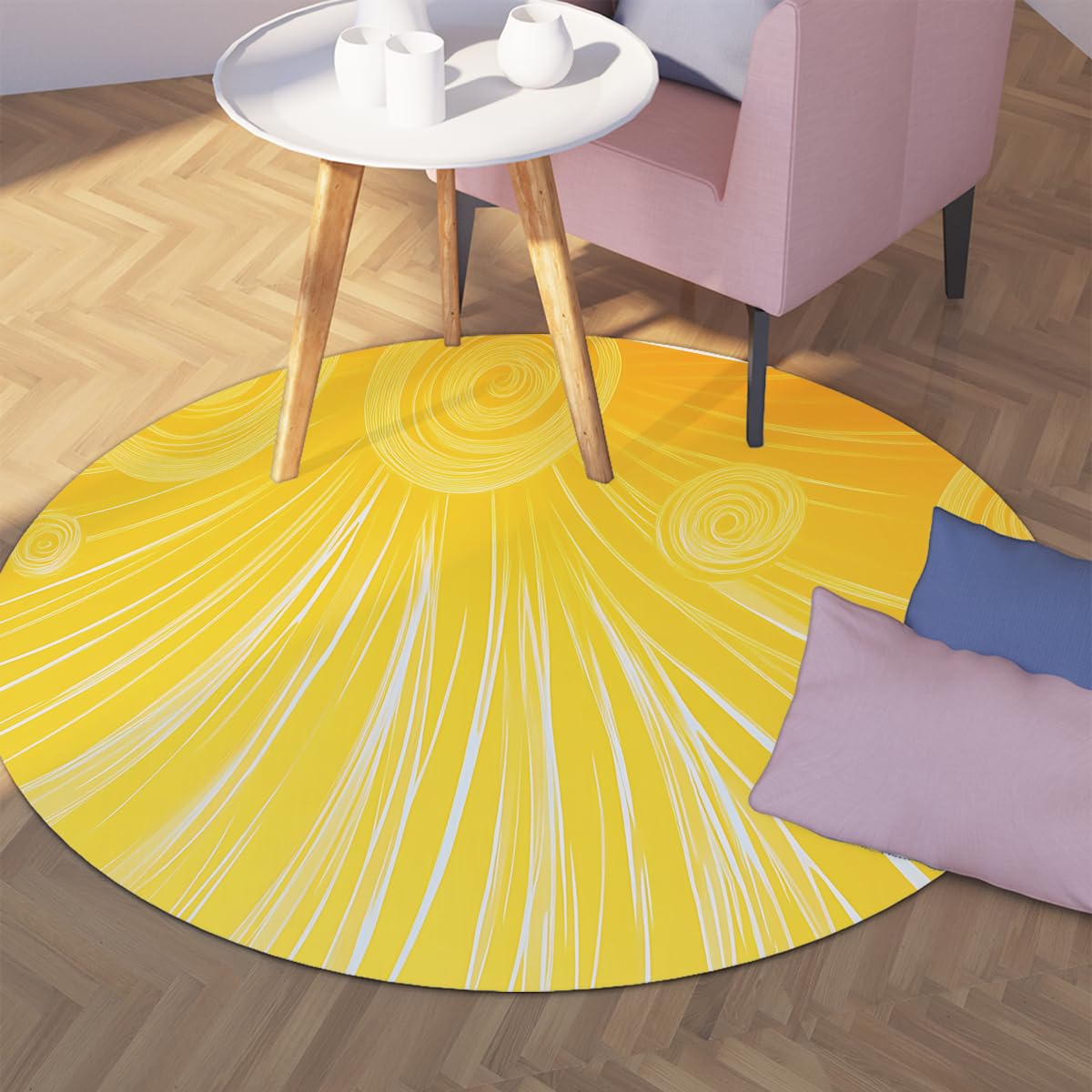 Tappeto tondo giallo caldo e brillante Linee a irradiazione e motivi a spirale Tappeto a pelo basso per soggiorno Camera da letto Nursery Appartamento 200x200cm