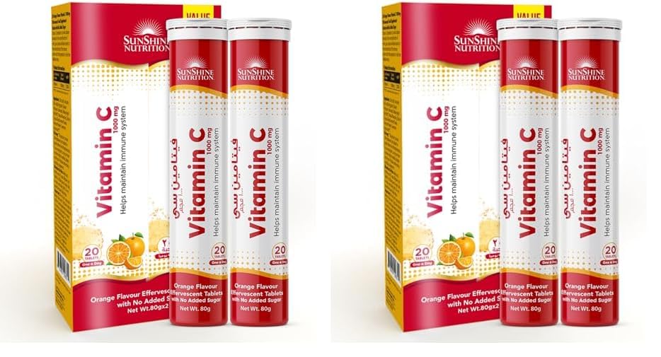 Sunshine Nutrition Vitamin C Orange Effervescent Tablets 20 Pieces x Pack of 4) Vitamin C - x2 bottles of 1000mg Vitamin C (40 tabs)