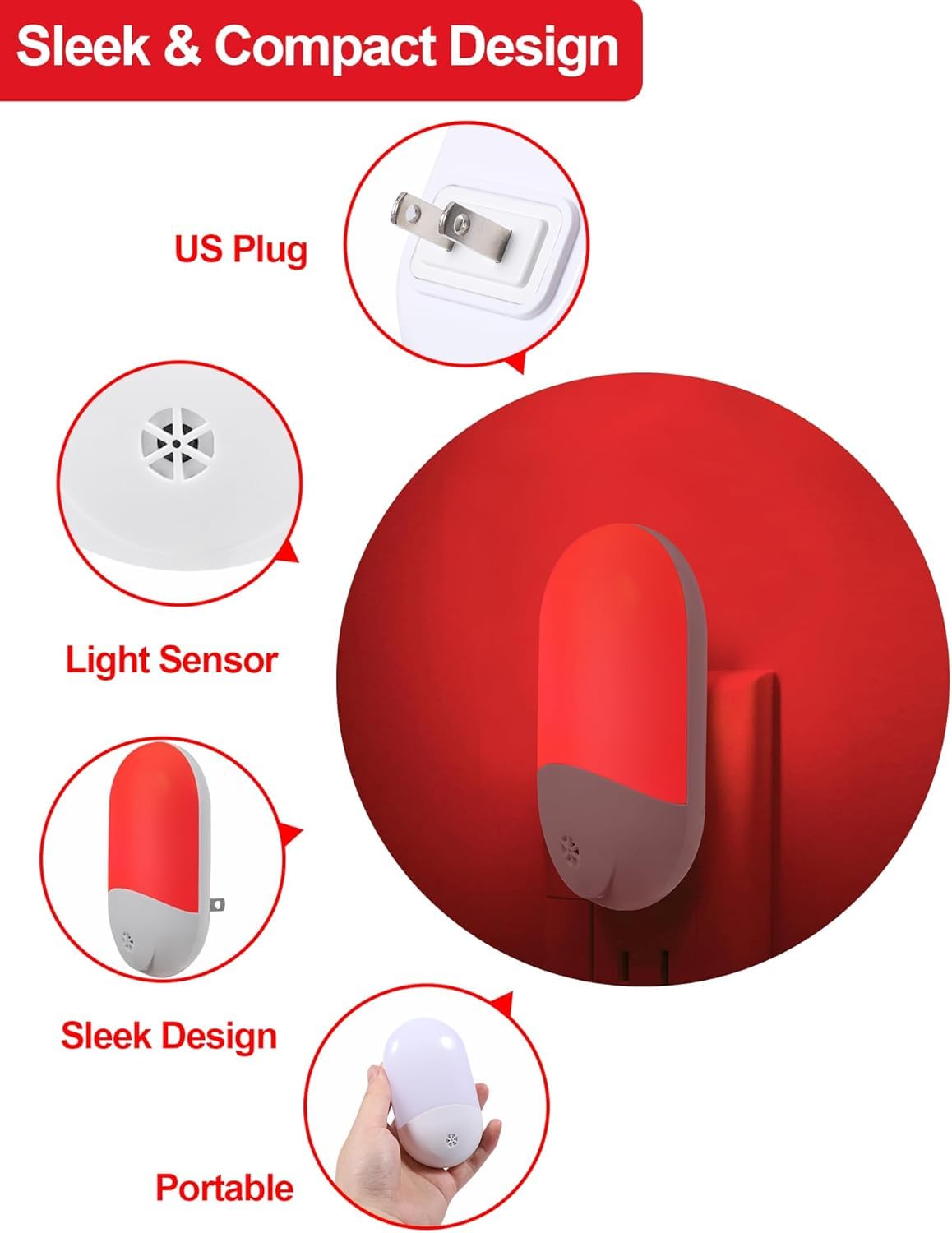 Luz nocturna roja para terapia del sueño [paquete de 2] - Luz nocturna LED de encendido/apagado automático se conecta a la pared para bebé, baño, promoción de melatonina con