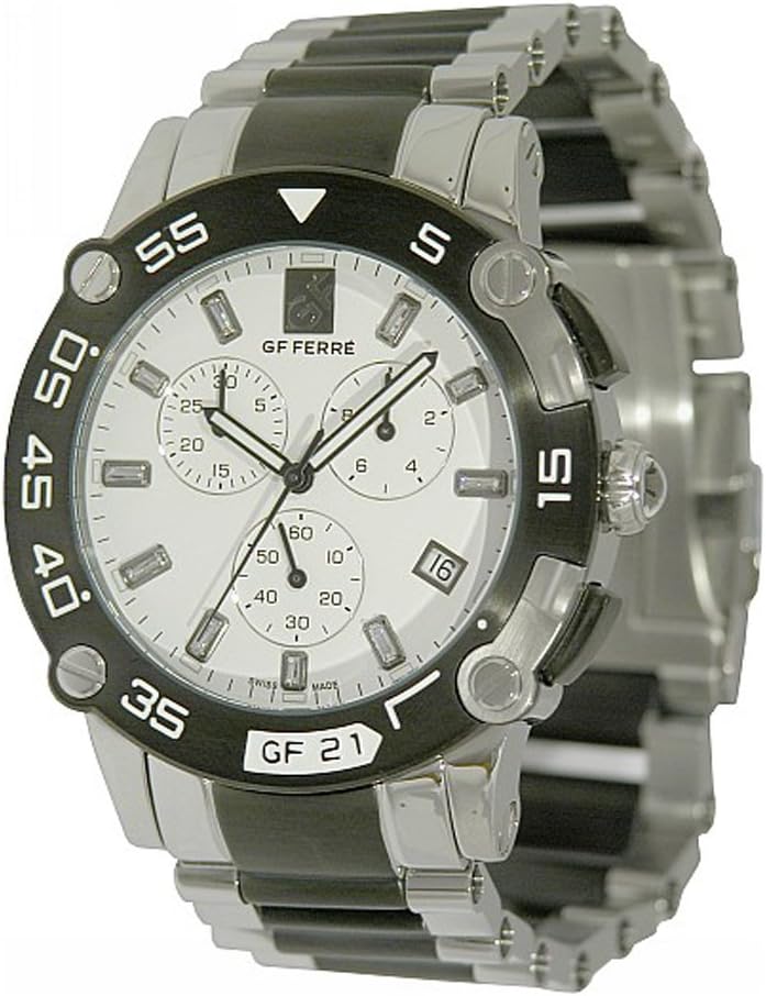 Ferre GF 9002J/11M Men's Quartz Watch with Chronograph Stopwatch and Silver Stainless Steel Bracelet, White/Silver, Bracelet