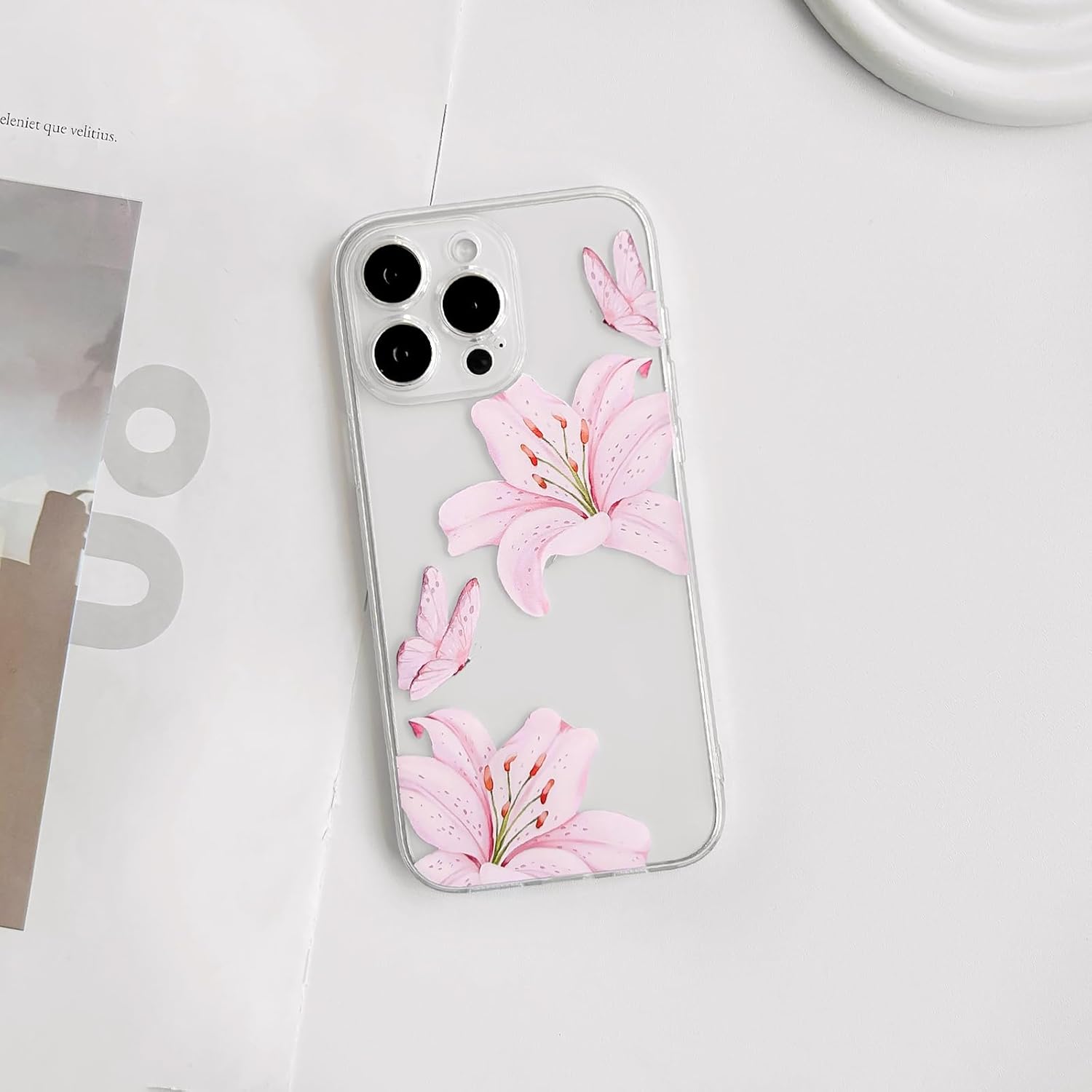 NITITOP Compatible with iPhone 13 Pro Max Case Clear Cute Butterfly Lily Flower Floral Pattern for Women Girls Full Camera Lens Clear Slim Shockproof Protective Phone Cover - Pink - Image 2