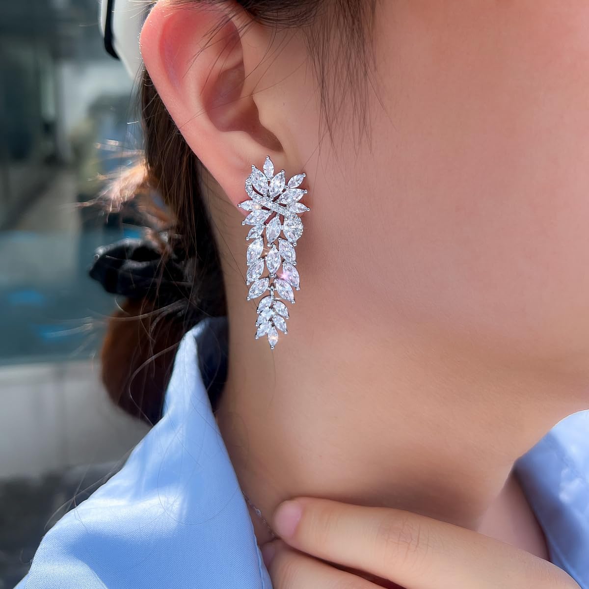 Crystal Cubic Zirconia Bridal Dangle Earrings, Marquise Cut Leaf Design, Long Drop Statement Wedding Party Jewelry for Women