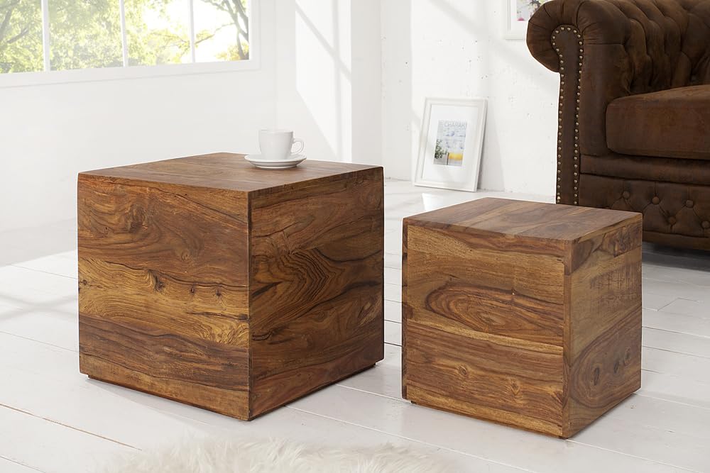 invicta INTERIOR 2er Set Beistelltische Würfel MAKASSAR Sheesham Stone Finish Couchtische Satztische Würfeltische Tischwürfel Holztische Tischset