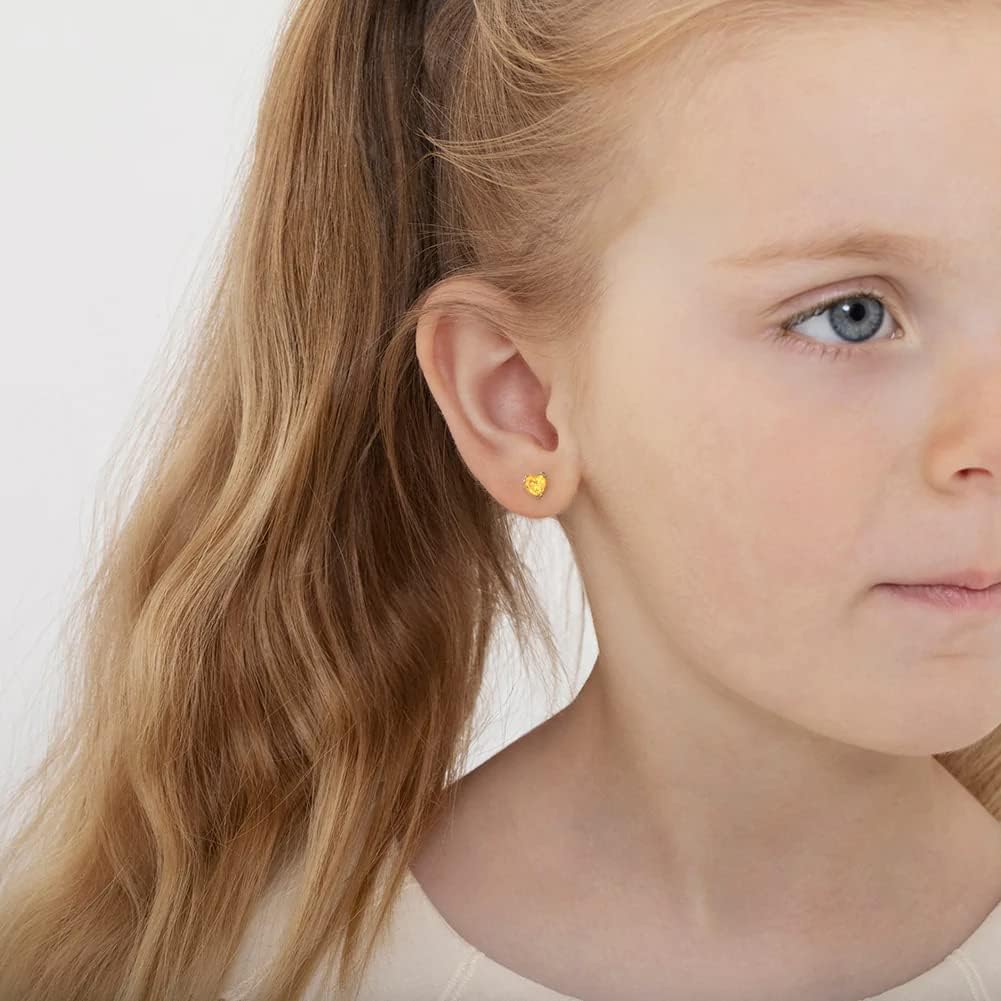 In Season Jewelry CZ Simulated Birthstone Heart Kids Earrings - 14k White Gold Earrings for Girls with Safety Screw Backs - Safe & Comfortable for Toddlers, Kids & Little Girls