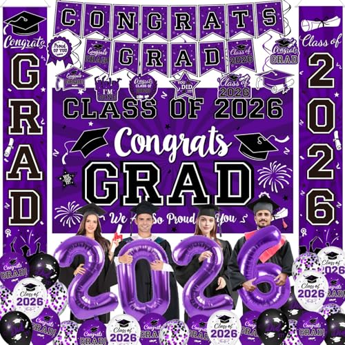 Graduation Decorations Class of 2026 Set - Purple Themed Congrats Grad Banner & Backdrop Hanging Swirls Porch Sign Balloons Foil Number 2026 for High School & College Celebrations