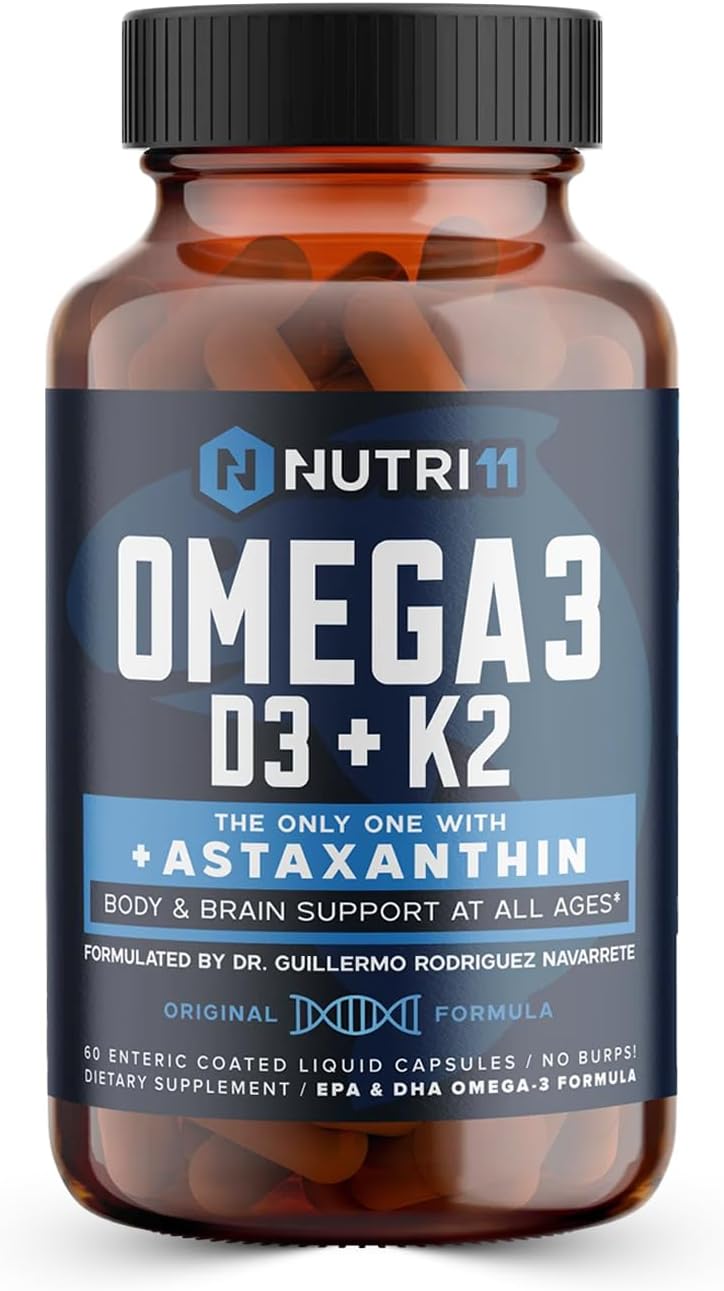 Nutri11 Omega-3 Fish Oil with Vitamin D3, K2 & Astaxanthin – Enteric Coated, No Fishy Burps – Doctor Formulated – 60 Liquid Capsules