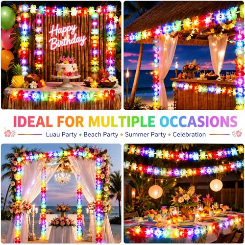 Image of 65.62 ft Light up Hawaiian Flower Lei Garland Tropical Hawaiian Garland LED Lighted Luau Party Flower Banner for Luau Summer Beach Party Decorations