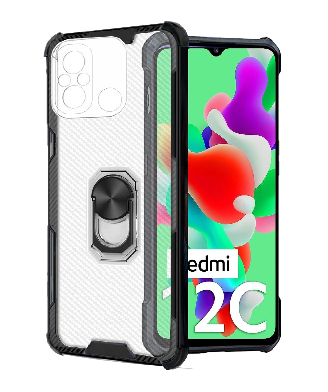 ASMANTIC Redmi 12c Protective Case, Clear Heavy Duty Shock Resistant Hybrid Case Protective Cover Phone Case with Ring Kickstand, Shock Absorption with 4 Corners Protection for Redmi 12c (Black)