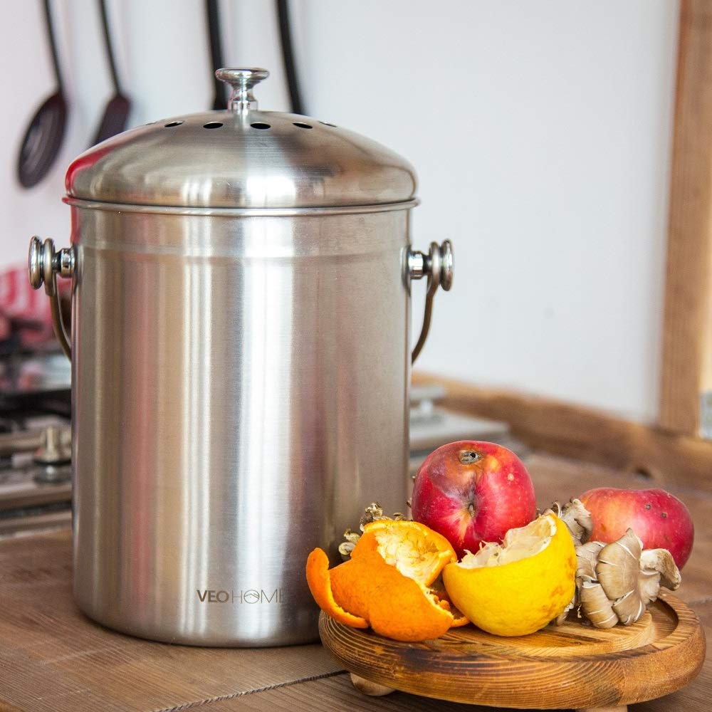 VeoHome Poubelle à Compost de Cuisine in INOX - bac à Compost de Table pour déchets organiques épluchures