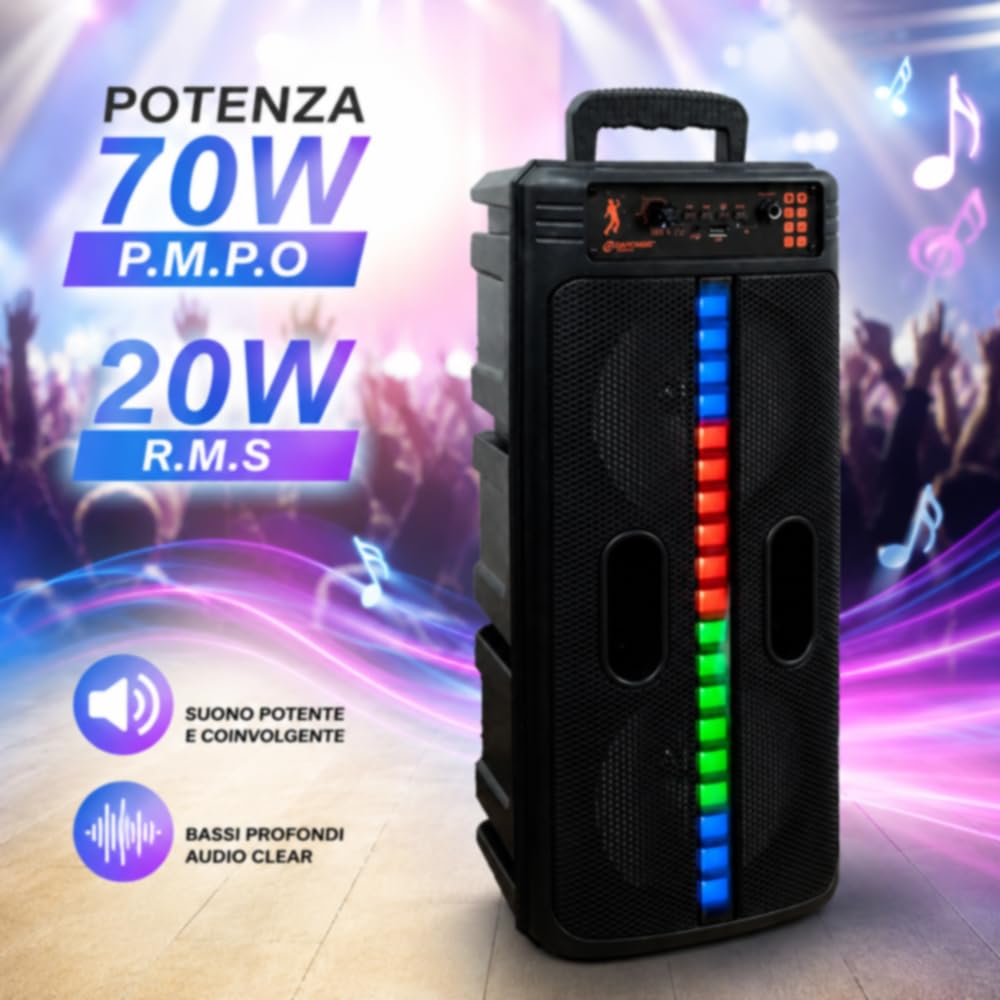 Vetrineinrete® Cassa Bluetooth Ricaricabile 20W RMS con LED RGB | 70W PMPO, Radio FM Integrata, Ingresso USB e SD, Tecnologia TWS, Display LED