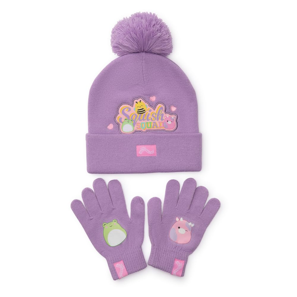 Squishmallows Winter Hat & Gloves Set – Beanie with Pom-Pom & Knit Gloves – Squish Squad Design – Soft & Cosy 100% Acrylic – Official Merchandise for Girls