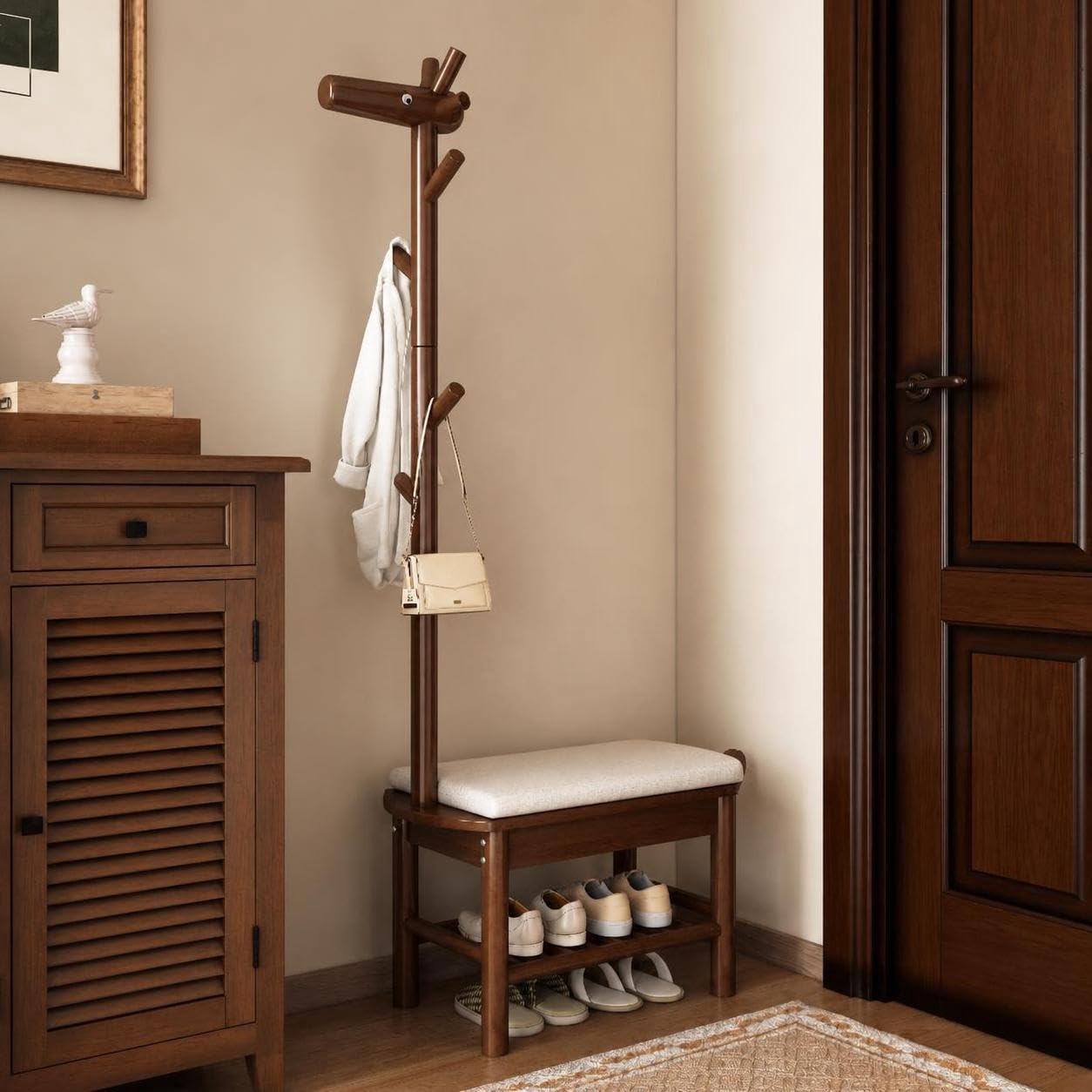 Árbol de Entrada de Madera Maciza con Perchero y Banco de Almacenamiento de Zapatos, Banco de Armario de Entrada para Sentarse y almacenar (Nogal, 70 cm)